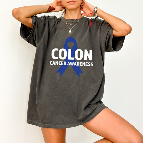 Ready to Press Colon Cancer Awareness DTF Transfer - Blue Ribbon Iron-On for T-Shirts & Apparel - Support Health Workers & Survivors