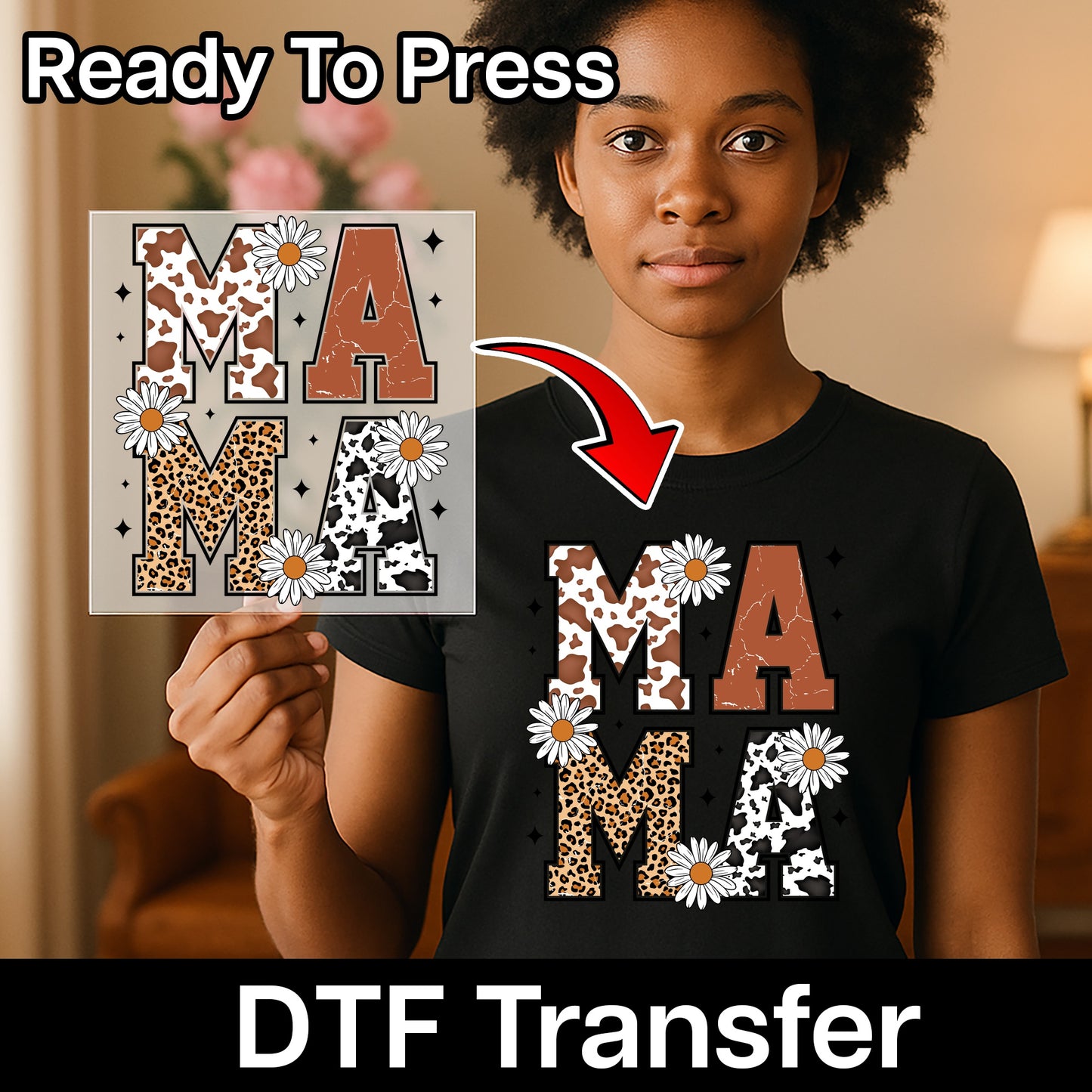 Cute Boho Mama Animal Print DTF Transfer for Mother’s Day Apparel & Mom Group Shirts Ready to Press