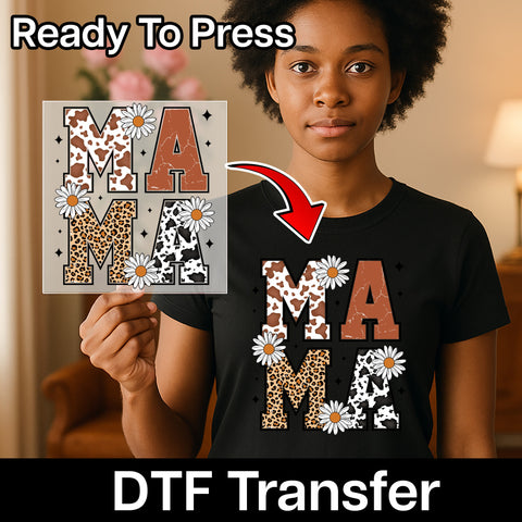 Cute Boho Mama Animal Print DTF Transfer for Mother’s Day Apparel & Mom Group Shirts Ready to Press