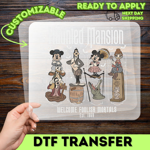 Retro Funny Halloween Cartoon DTF Transfer - Haunted Mansion Parody Iron-On for Vintage T-Shirt or Hoodies - Ready To Press Holiday Apparel