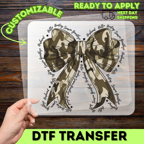 Camouflage Bow DTF Transfer Ready To Press Iron-On Cute Country Chic T-Shirt Outdoor Enthusiasts Camping Apparel