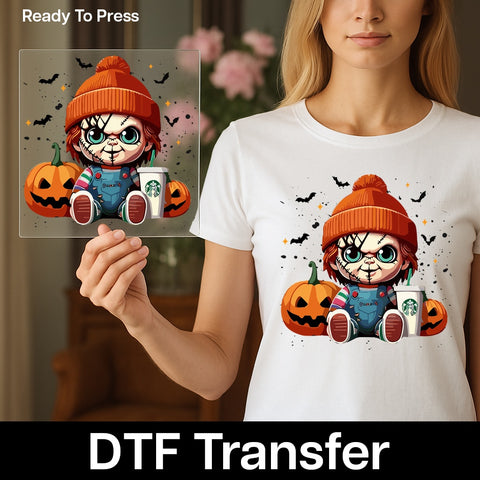 Cute Horror Halloween DTF Transfer Funny Iron-On for Coffee Lovers & Horror Fans Apparel