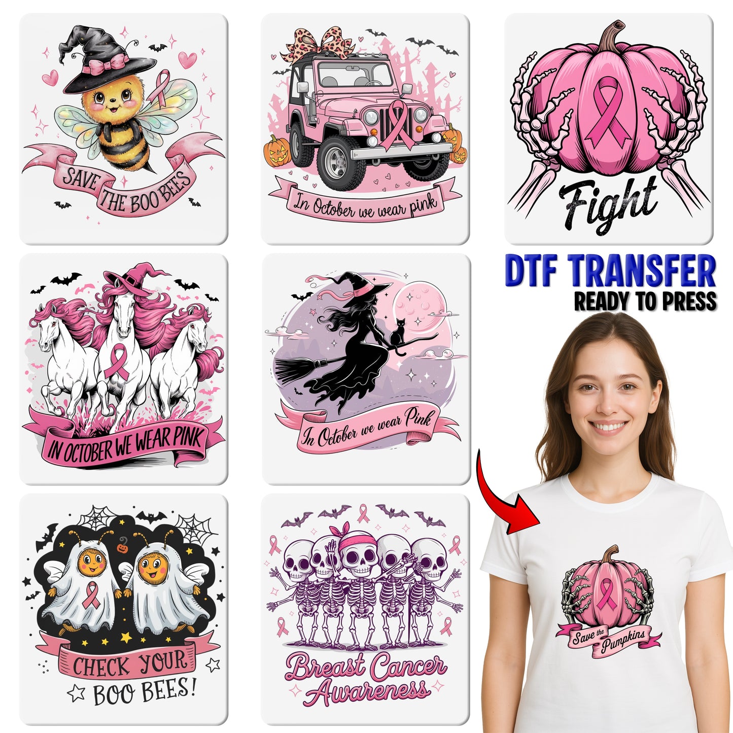 Funny Halloween Boo Bees DTF Transfer Iron-On for Women Shirt Breast Cancer Awareness Cute Ghost Theme