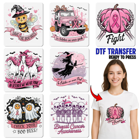 Funny Halloween Boo Bees DTF Transfer Iron-On for Women Shirt Breast Cancer Awareness Cute Ghost Theme