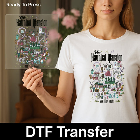 Cartoonish Haunted Mansion Halloween DTF Transfer Iron-On for Spooky T-shirts & Sweatshirts