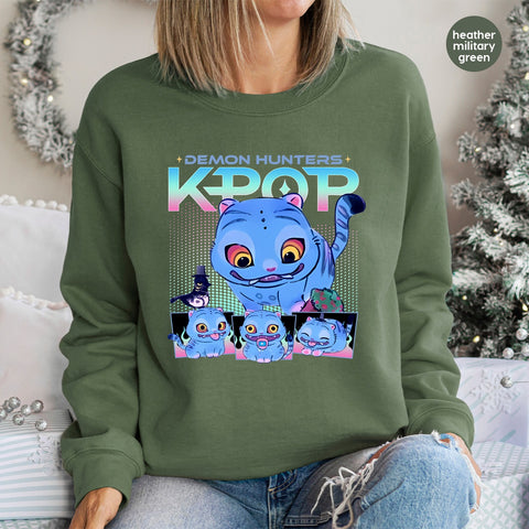 Cute K-pop Demon Hunters Blue Cat DTF Transfer for Trendy Anime Fans Apparel T-Shirt Sweatshirt Teens