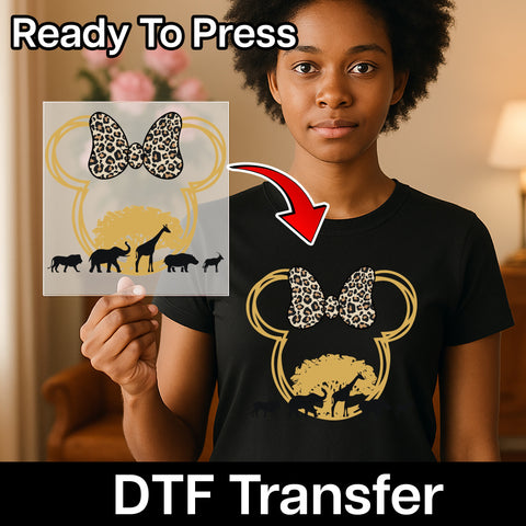 Safari Adventure Animal Bow DTF Transfer for Cute Family Vacation Shirts, Ready to Press Leopard Print Apparel, Matching Safari Group Outfits