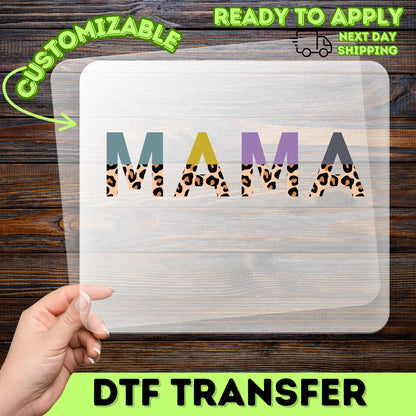 Fashionable Leopard Print MAMA DTF Transfer for Mother's Day Shirt, Trendy Iron-On Design, Ready to Press Apparel for Stylish Moms