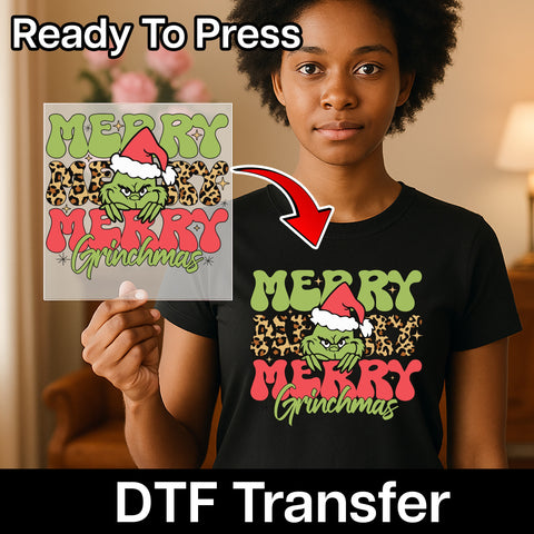 Funny Grinch Christmas Ready To Press DTF Transfer, Merry Grinchmas Iron-On For Shirts, Pop Culture Holiday Apparel For Families