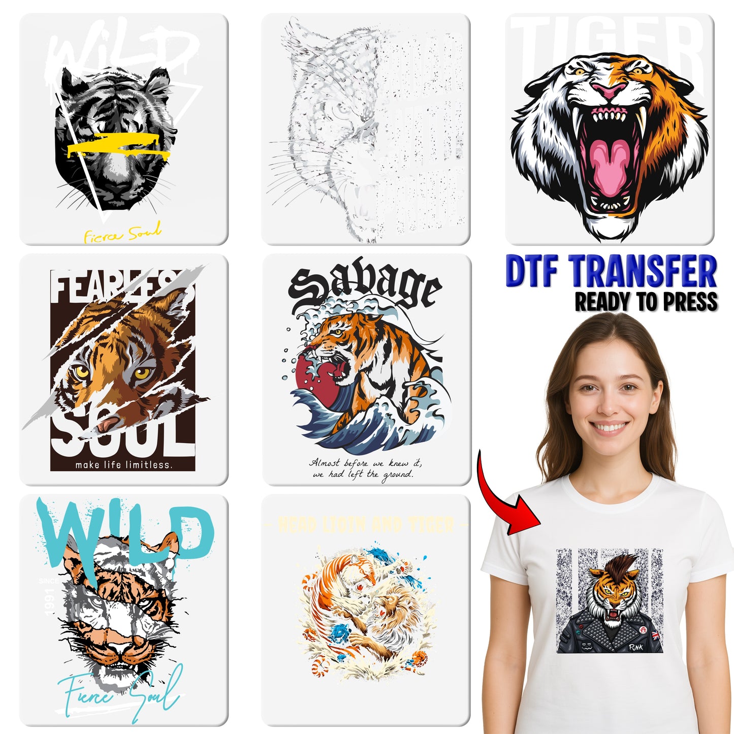 Punk Rock Tiger DTF Transfer Rebel Fashion Tee for Festival Goers & Music Enthusiasts Iron-On T-Shirt Design