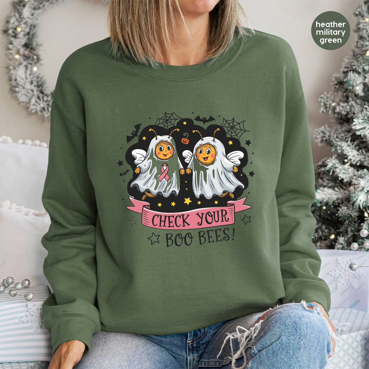 Funny Halloween Boo Bees DTF Transfer Iron-On for Women Shirt Breast Cancer Awareness Cute Ghost Theme