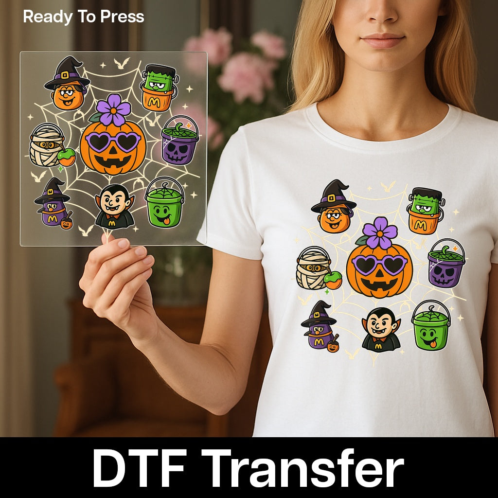 Cute Halloween Cartoon Characters DTF Transfer for Family & Kids Apparel - Ready To Press Iron-On Spooky Fun for T-Shirts & Hoodies