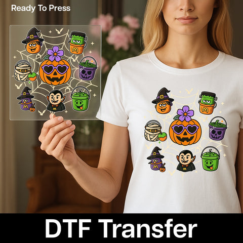 Cute Halloween Cartoon Characters DTF Transfer for Family & Kids Apparel - Ready To Press Iron-On Spooky Fun for T-Shirts & Hoodies