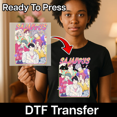 Cute Anime Boy Band DTF Transfer, Retro Pop Culture Iron-On T-shirt for Teen & Young Adults, Stylish Group Theme Apparel