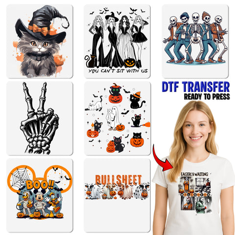 Halloween Skeleton Pumpkin Funny DTF Transfer Ready To Press Gothic Cartoon Iron-On for Fall Coffee Lover Apparel