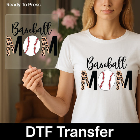 Baseball Mom DTF Transfer Ready To Press Iron-On for T-Shirt Cute Sporty Leopard Print Mother's Day Gift