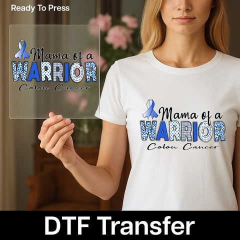 Colon Cancer Warrior DTF Transfer for Proud Mom T-Shirt | Supportive Blue Ribbon Iron-On Apparel