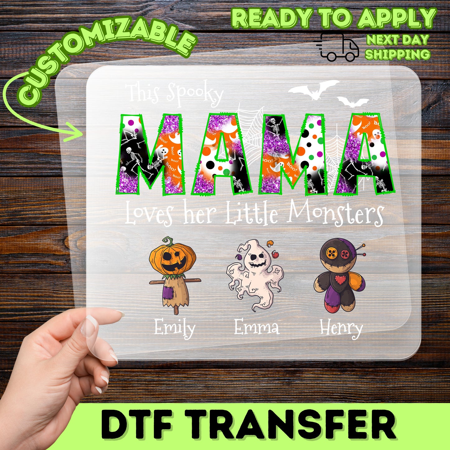 Cute Halloween Mama Iron-On DTF Transfer for T-Shirt, Spooky Family Pumpkin, Ghost Design, Ready to Press for Moms & Kids