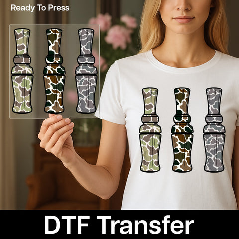 Rustic Camouflage Duck Call Ready to Press DTF Transfer for Hunting T-Shirt Mens & Womens Outdoor Enthusiast Apparel