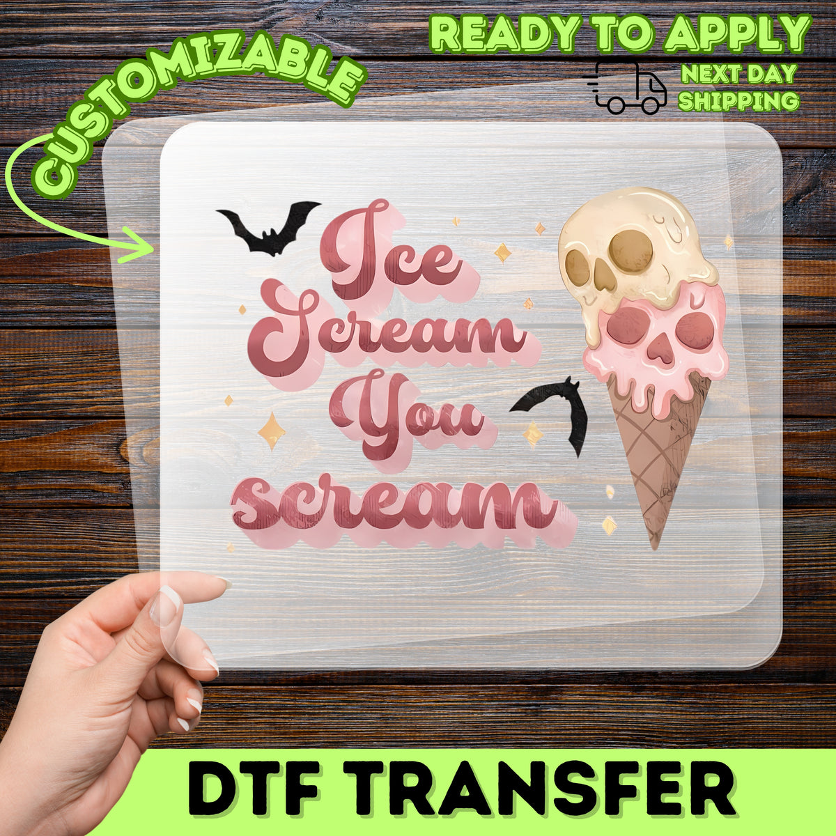 Funny Halloween Skull Ice Cream DTF Transfer for Retro Cute Apparel & Party Shirt