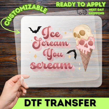 Funny Halloween Skull Ice Cream DTF Transfer for Retro Cute Apparel & Party Shirt