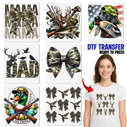 Camo Deer & Bows DTF Transfer for Outdoor Adventure Shirts, Rustic Nature Lover Apparel Ready To Press
