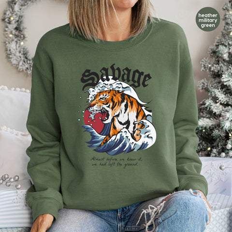 Savage Tiger & Waves Adventure Graphic DTF Transfer for Bold Apparel & Sports Teams, Ready To Press Tattoo Style