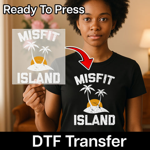 Retro Misfit Island DTF Transfer | Funny Palm Tree Escape for Unique Friends | Ready To Press Iron-On T-Shirt for Beach Parties