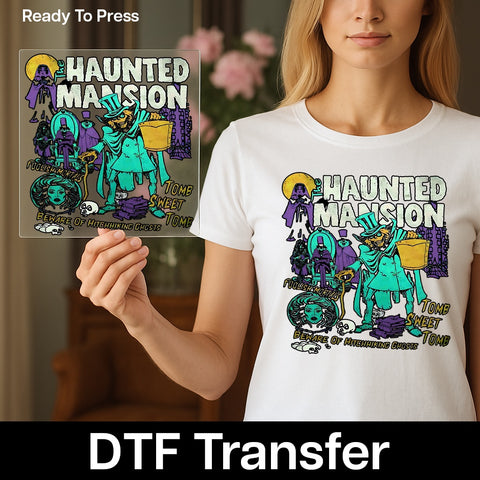 Funny Haunted Mansion Halloween DTF Transfer Iron-On for Disney Fans & Halloween Enthusiasts - Ready to Press Cute Ghostly T-Shirt Design