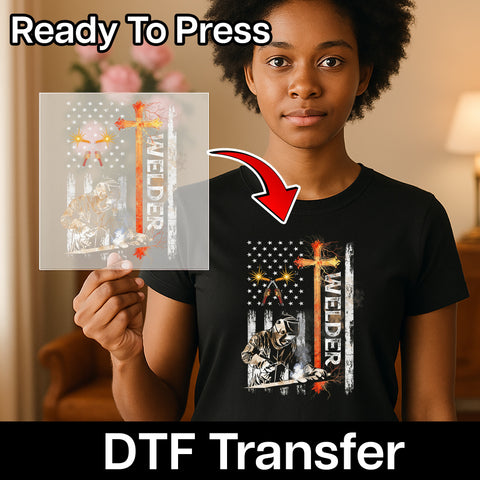 Patriotic Welder American Flag & Cross DTF Transfer, Ready To Press Rustic Americana Iron-On for Tradesmen's Apparel