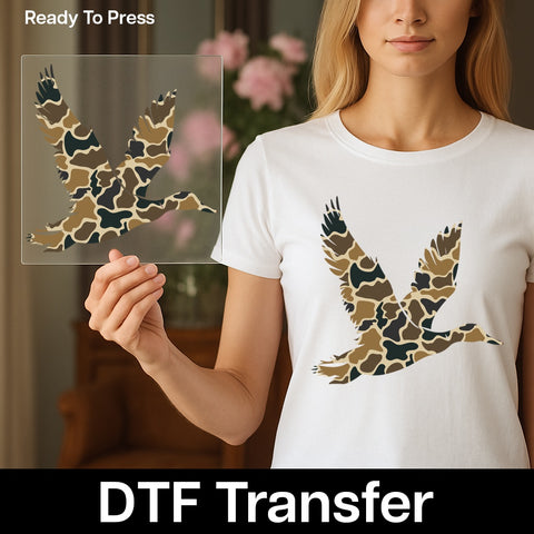 Camouflage Duck DTF Transfer for Outdoor Enthusiasts Iron-On Nature Wildlife Apparel Ready To Press Eco-Friendly T-Shirt