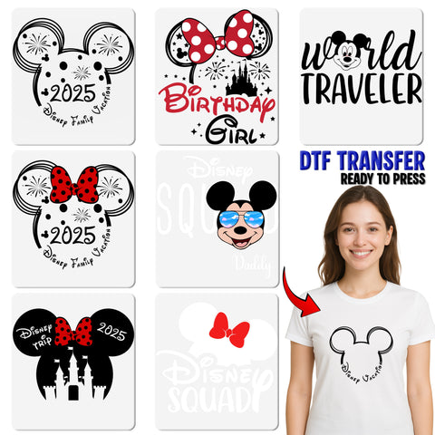Mouse Ears & Castle Silhouette DTF Transfer, Disney Inspired Apparel, Family Vacation T-Shirt, Ready To Press Amusement Park Style