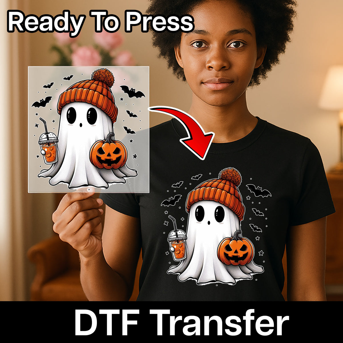 Cute Halloween Ghost with Pumpkin & Beanie DTF Transfer | Ready to Press Halloween Apparel for Families & Partygoers