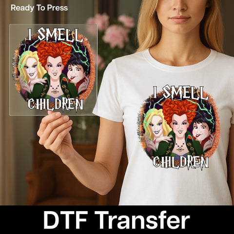 Funny Halloween Witchy Vibes DTF Transfer for Group Costume T-Shirt & Spooky Party Apparel - I Smell Children Retro Design
