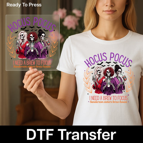 Funny Halloween Skeletons Hocus Pocus DTF Transfer for Women Shirt & Witchy Coffee Lover Iron-On Ready to Press Apparel