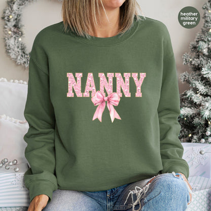 Cute Nanny DTF Transfer Floral Bow Design Ready To Press Iron-On Apparel Gift For Caregivers - Vintage Feminine Nanny Tee