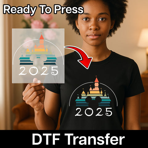 Cute Mouse & Castle 2025 Family Vacation DTF Transfer for Group Travel Shirts, Ready to Press Retro Theme Park Design