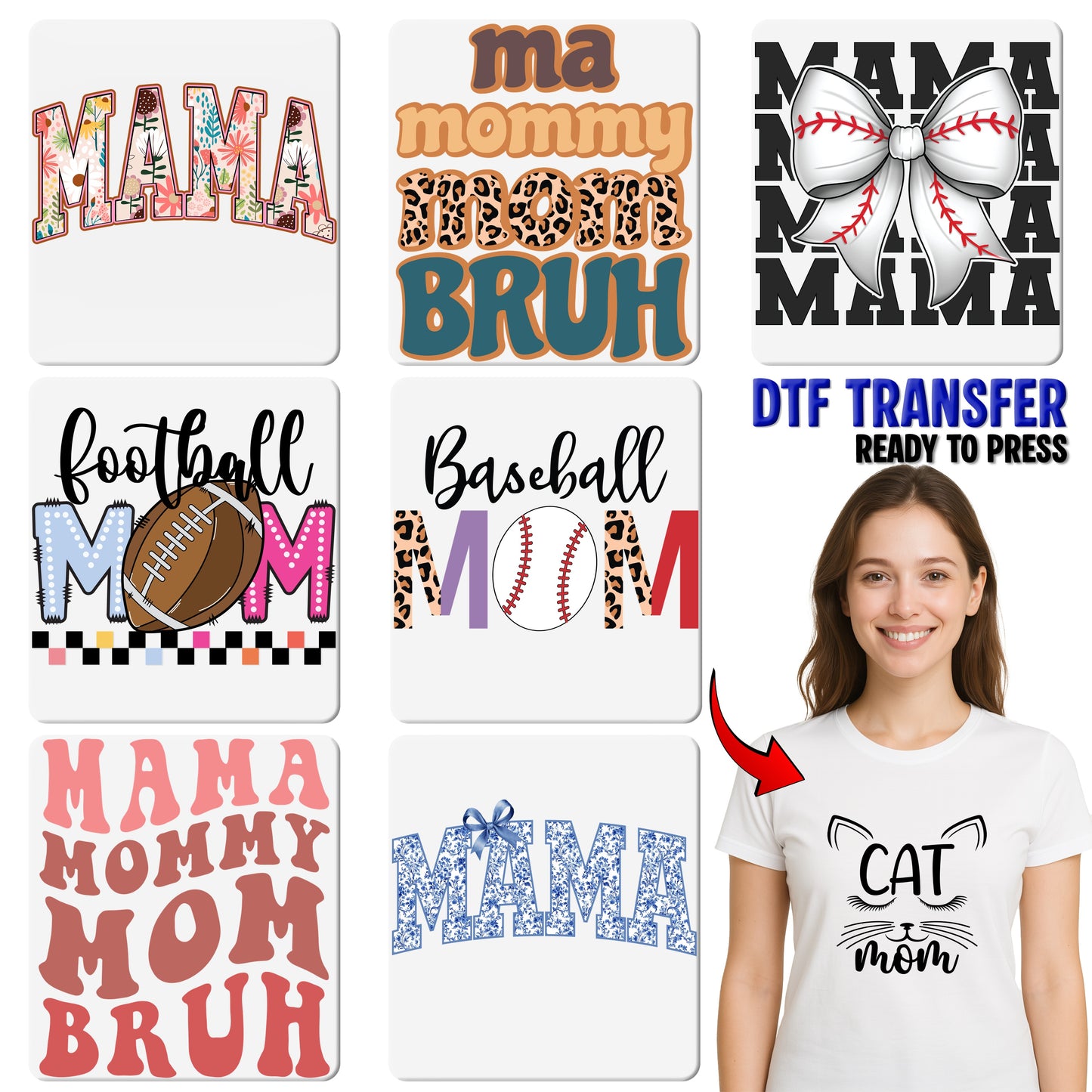 Cute Baseball Bow DTF Transfer for Mom T-shirt, Ready to Press Apparel for Sports Mama, Game Day Family Shirt