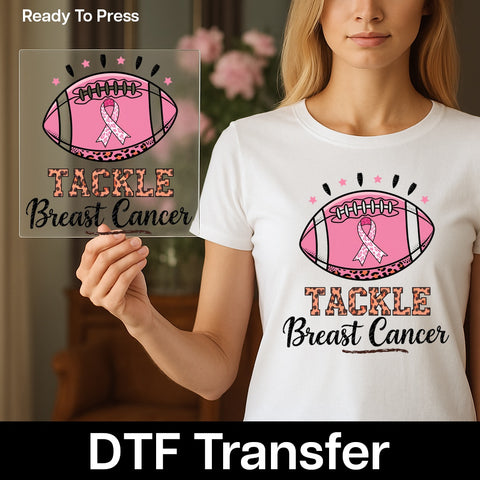 Breast Cancer Awareness Football Pink Ribbon DTF Transfer Iron-On for Sports Team Cute Varsity T-Shirt Apparel