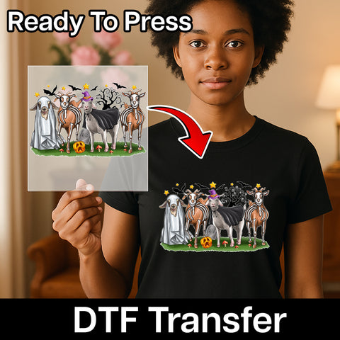 Funny Halloween Goat DTF Transfer for Animal Lovers T-Shirt, Ready to Press Iron-On Ghost Skeleton Design for Group Party Outfit