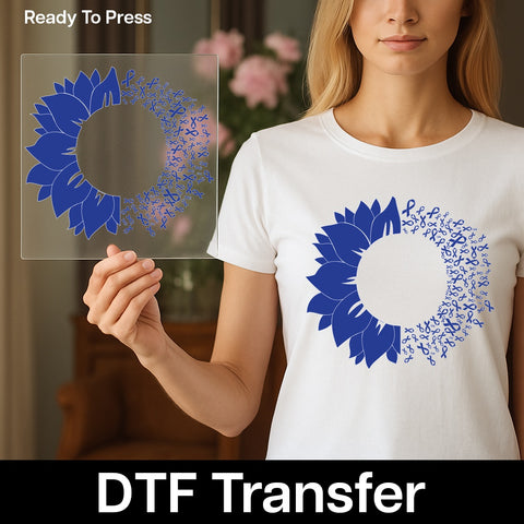 Cancer Support DTF Transfer Sunflower Awareness Ribbon Blue Iron-On T-Shirt for Charity Walks & Health Cause Events
