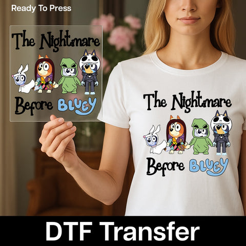 Funny Halloween Cartoon Mashup DTF Transfer Iron-On Ready To Press Stunning Halloween T-Shirt Bluey Nightmare Theme Gift For Families