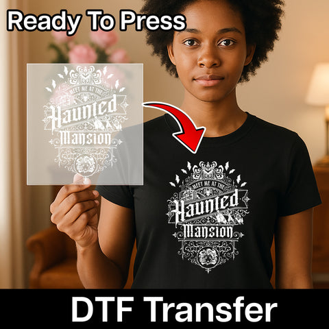 Spooky Haunted Mansion DTF Transfer for Halloween Shirts & Apparel - Ready To Press Gothic Style for Halloween Enthusiasts