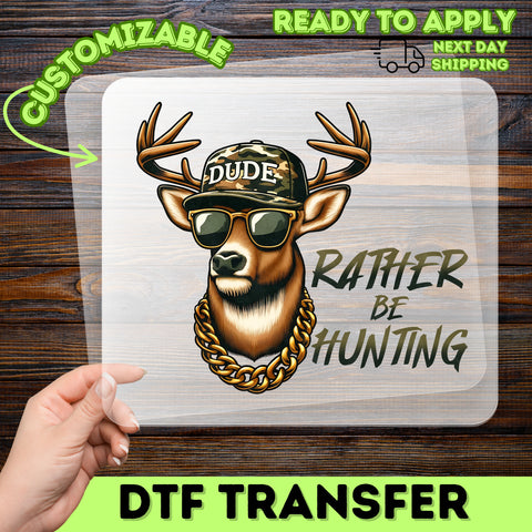 Funny Deer with Camo Hat & Gold Chain DTF Transfer - Hunting Themed Iron-On for Outdoor Enthusiasts Apparel