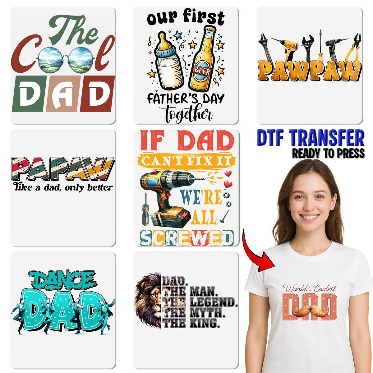 Reel Cool Dad Patriotic DTF Transfer for Father's Day Shirt, Ready to Press Fishing Humor, Perfect for Patriotic Apparel Gifts