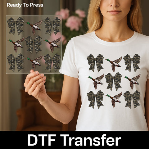 Camouflage Bow & Mallard Duck Hunting-Themed DTF Transfer for Rustic Nature Enthusiast Apparel
