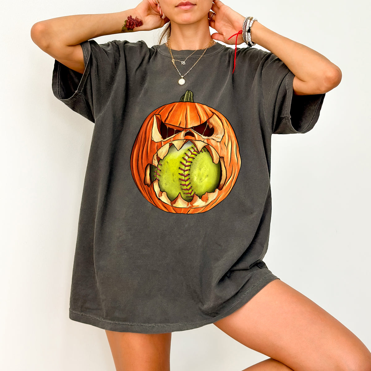 Iron-On Halloween Pumpkin Softball DTF Transfer for Spooky Sports Shirt Ready To Press for Halloween Team Apparel
