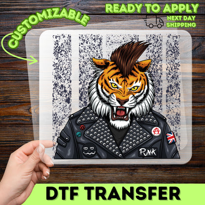 Punk Rock Tiger DTF Transfer Rebel Fashion Tee for Festival Goers & Music Enthusiasts Iron-On T-Shirt Design