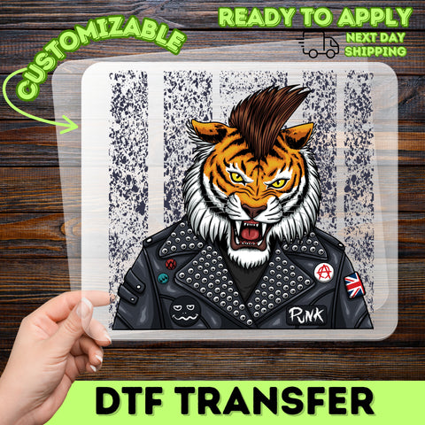 Punk Rock Tiger DTF Transfer Rebel Fashion Tee for Festival Goers & Music Enthusiasts Iron-On T-Shirt Design