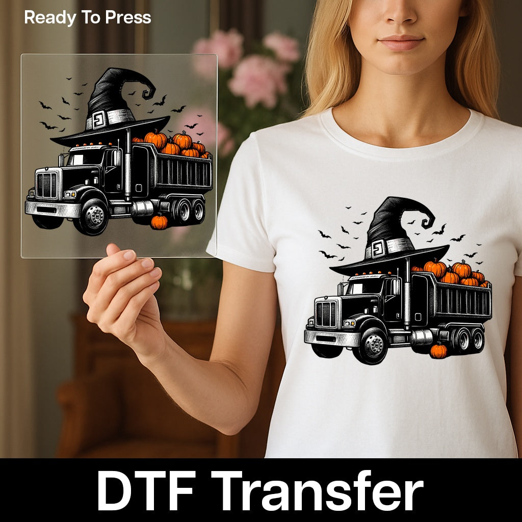 Funny Halloween Truck DTF Transfer | Ready to Press Pumpkin Patch Big Rig Shirt | Cute Witch Hat Vintage Apparel for Halloween Lovers